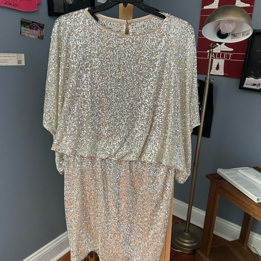 Jessica Howard Champagne Sequin Cape Dress